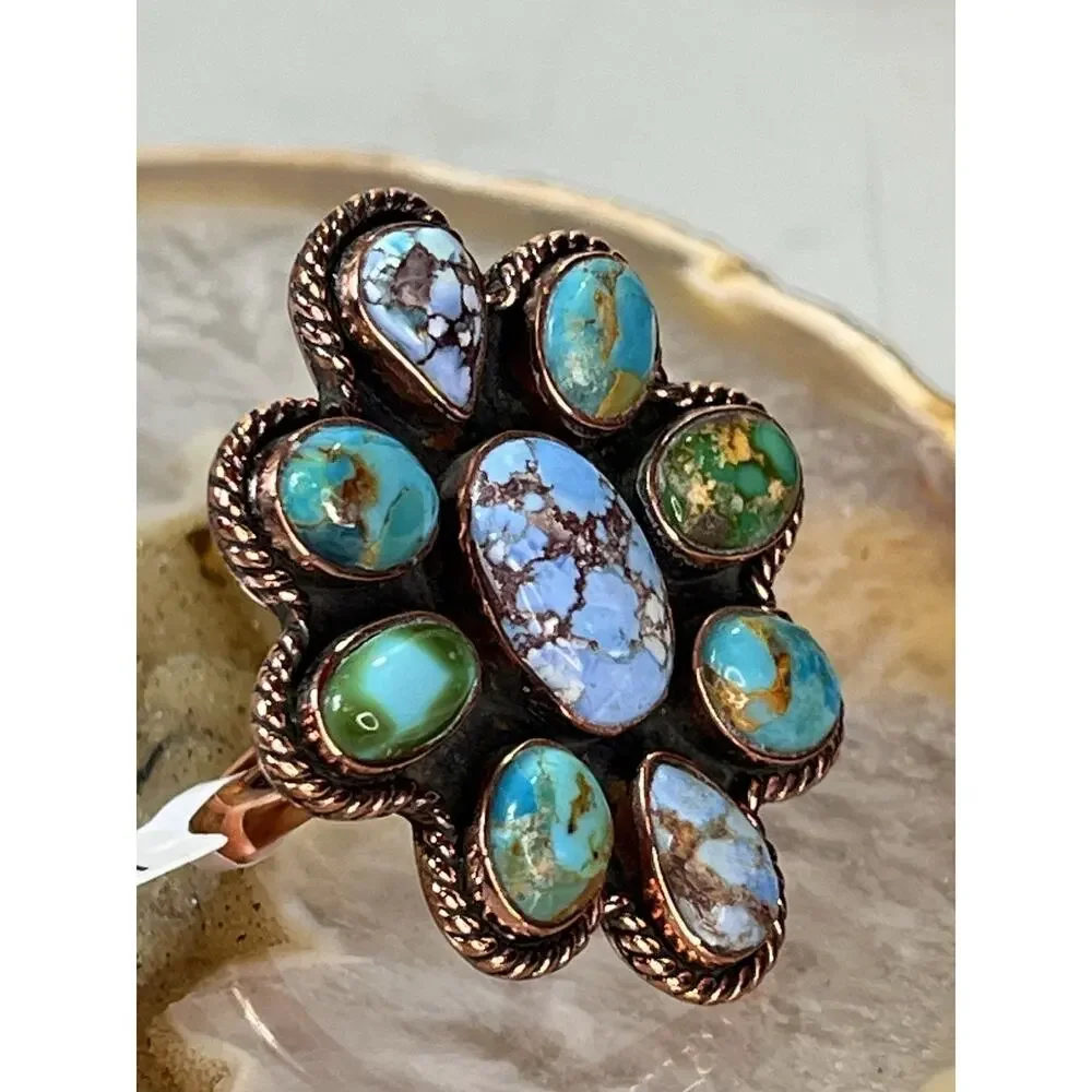 Golden Hills Mojave Sonoran Gold Turquoise Copper Cluster Statement Ring Adj Sz